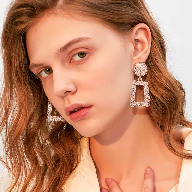 Jstyle Gold Statement Clip On Earrings for Women, Big Rectangle Geometric Dangle Clip Earrings Fashion Large Gold Silver Hot Pink Drop Earrings for Women Non Pierced - Image 2